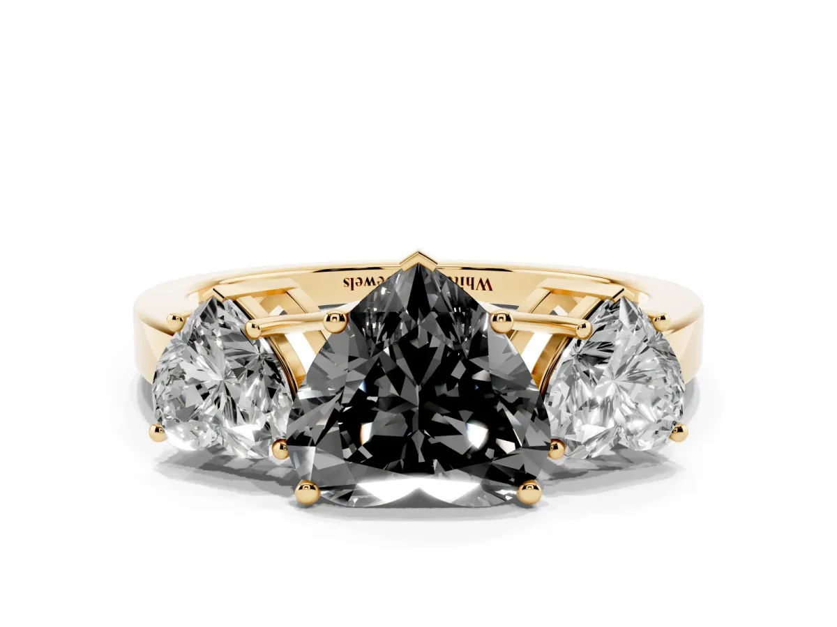 Fancy Black Three-Stone Heart Cut Cut Diamond Engagement Ring with Flat Band and Four-Prong Setting Yellow gold