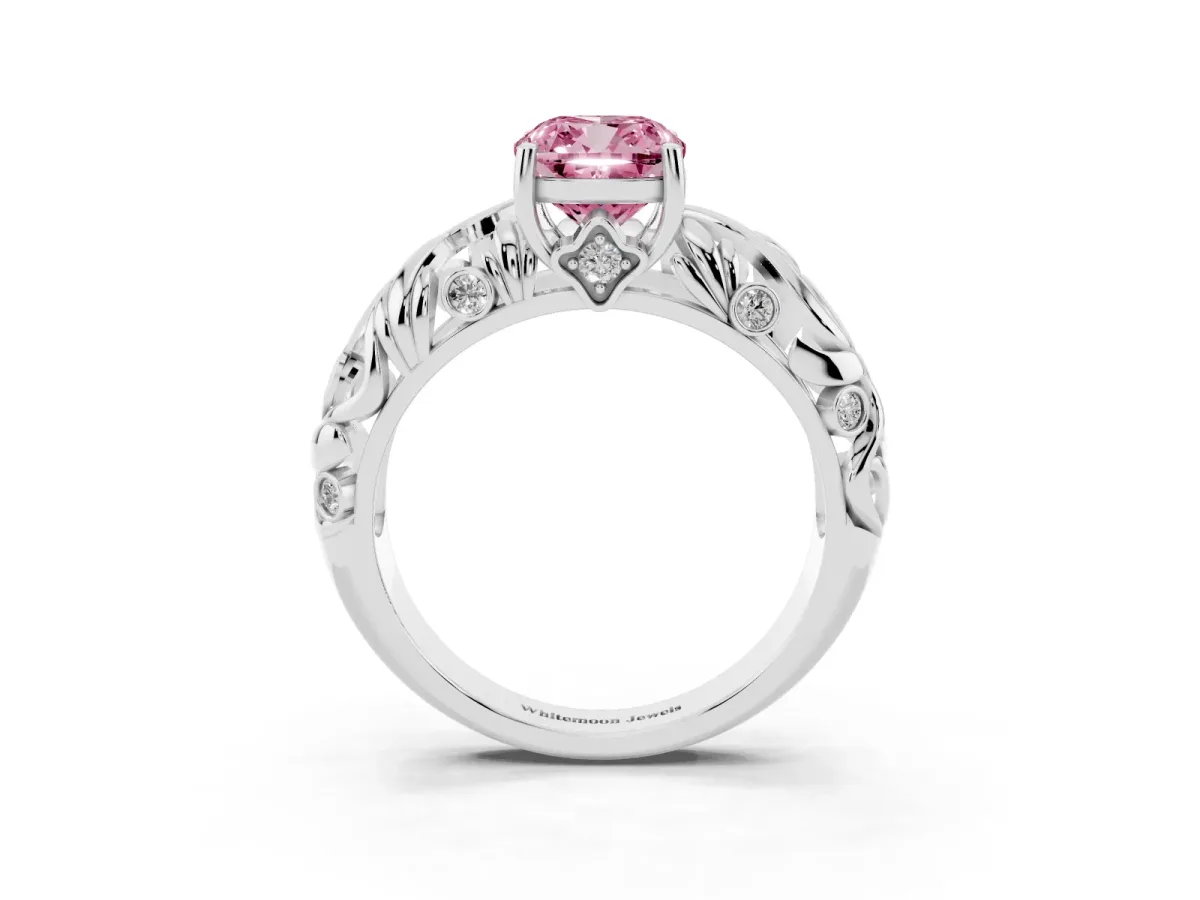 Fancy Pink Cushion Cut Solitaire Diamond Leaf-Inspired Vine Band Ring with Prong Setting Platinum