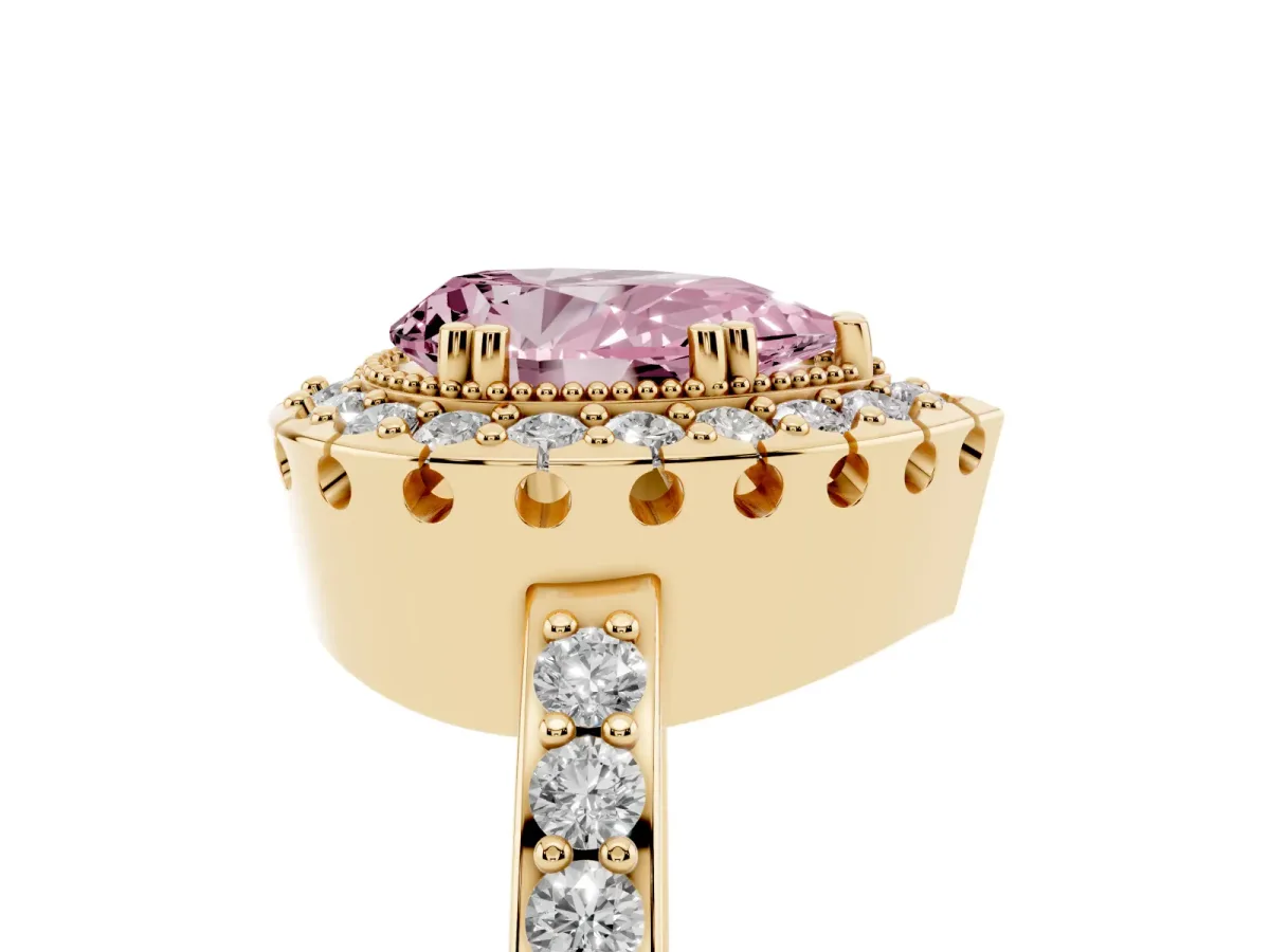 Fancy Pink Pear Cut Diamond Halo Ring with Pavé Band and Prong Setting Yellow gold