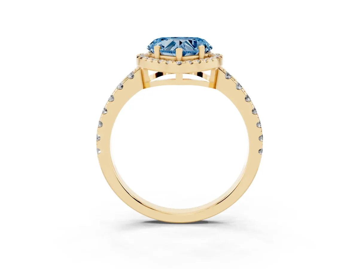 Fancy Blue Heart Cut Diamond Halo Ring with Pavé Band and Four-Prong Setting Yellow gold
