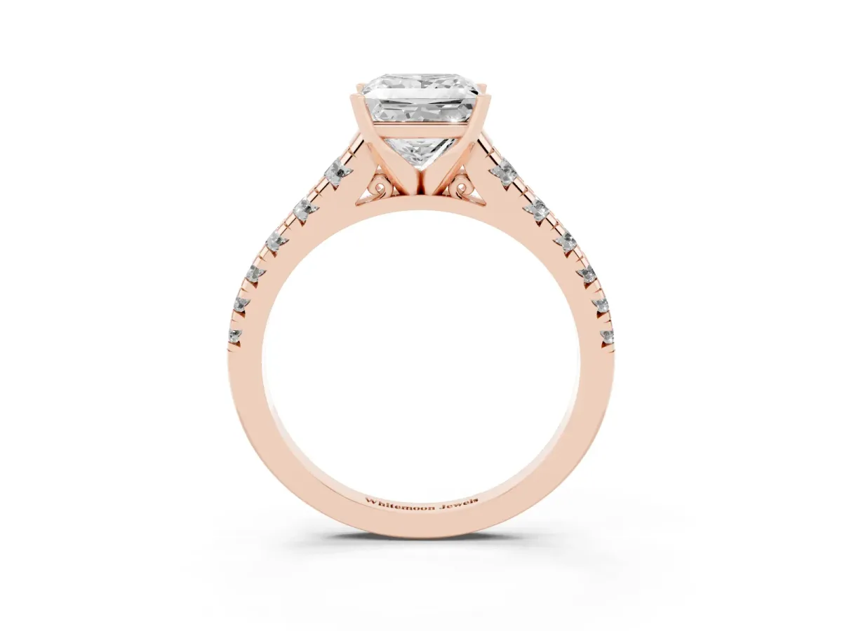 Princess Cut Diamond Cathedral Solitaire Ring with Round Pavé Band Rose gold