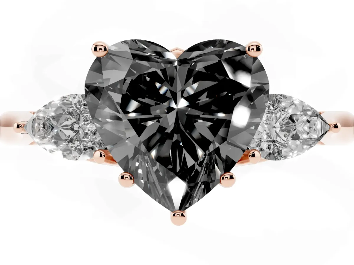 Fancy Black Heart Cut Diamond Three-Stone Ring with Pear Side Stones and Prong Setting Rose gold