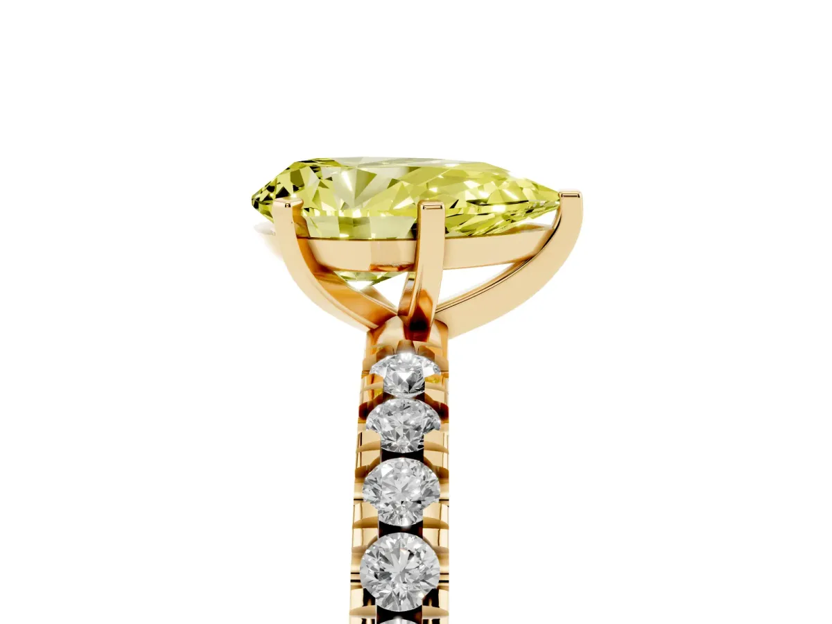 Fancy Yellow Pear Cut Diamond Pavé Band Solitaire with Four-Prong Setting Yellow gold