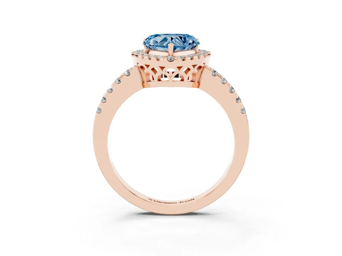 Fancy Blue Heart Cut Halo Diamond Engagement Ring with Pavé Band and Four-Prong Setting Rose gold