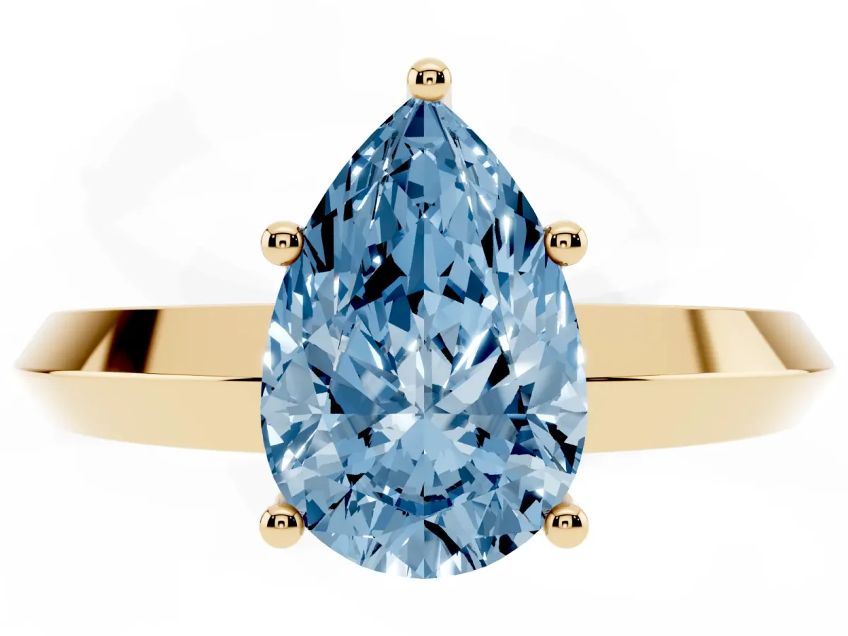 Fancy Blue Pear Cut Cut Solitaire Engagement Ring with Flat Band and Four-Prong Setting Yellow gold