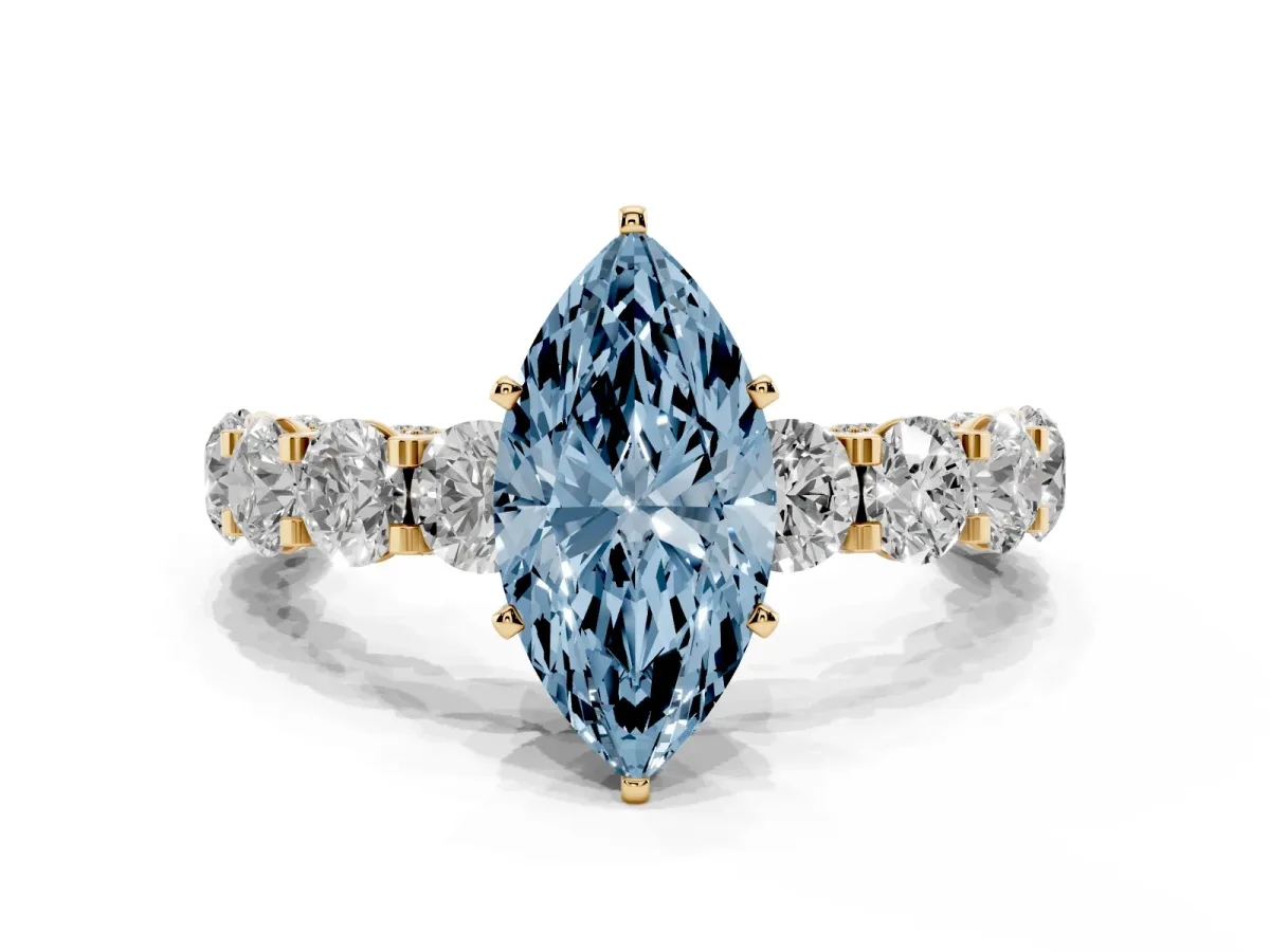 Fancy Blue Marquise Cut Diamond Side Stone Engagement Ring with Four-Prong Setting Yellow gold