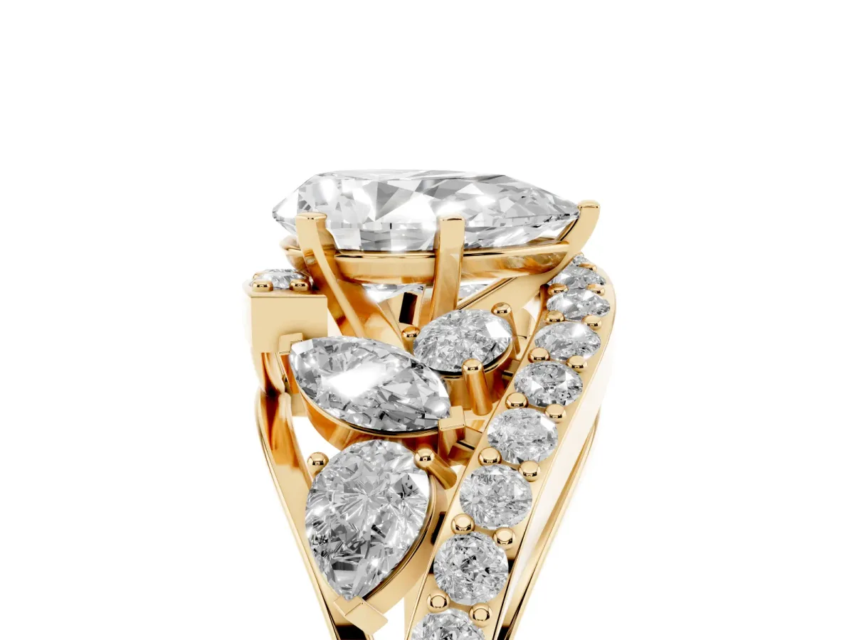 Pear Cut Diamond Halo Ring with Marquise and Pavé Band in Prong Setting Yellow gold