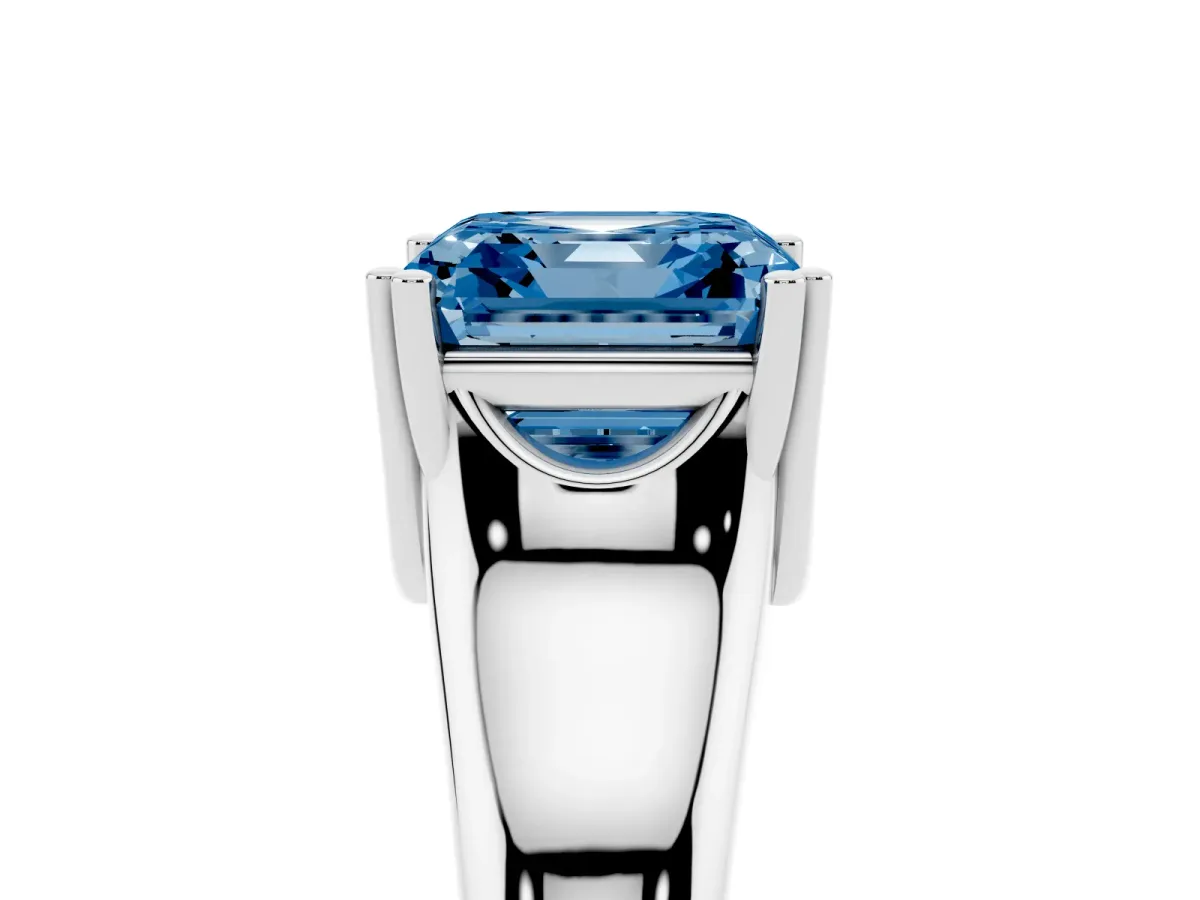 Fancy Blue Asscher Cut Diamond Solitaire Ring with Wide Band and Prong Setting Silver