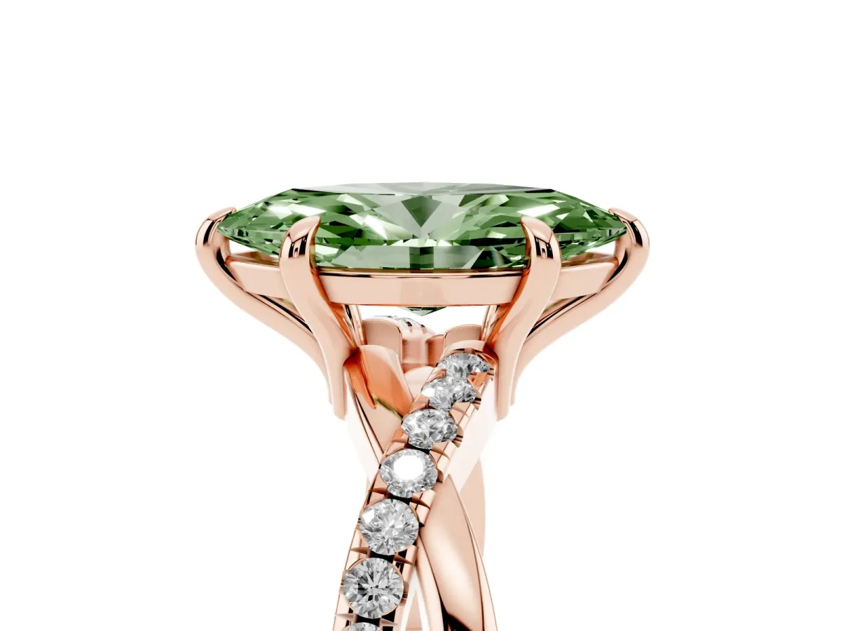 Fancy Green Marquise Cut Cut Diamond Twist Band Solitaire with Prong Setting Rose gold