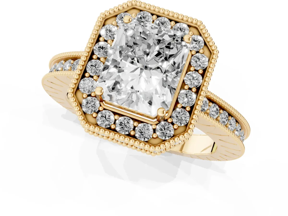 Radiant Cut Diamond Milgrain Halo Engagement Ring with Round Pavé Band and Prong Setting Yellow gold