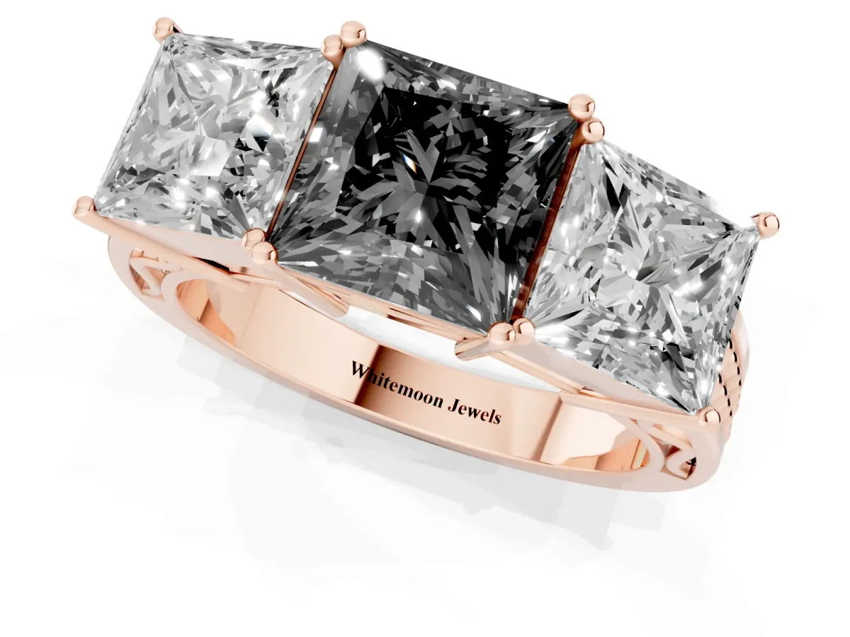 Fancy Black Princess Cut Diamond Three-Stone Ring with Prong Setting and Textured Band Rose gold