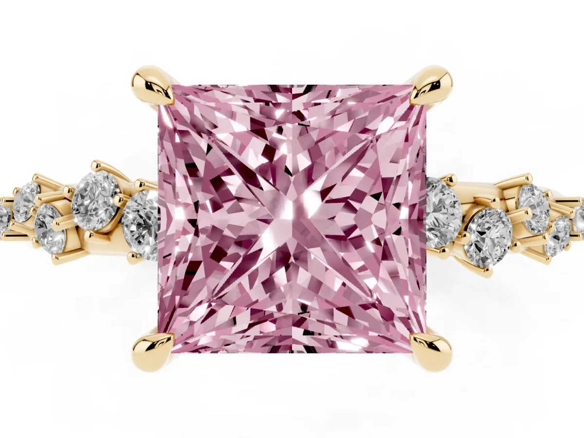 Fancy Pink Princess Cut Cut Diamond Vine Band with Four-Prong Setting Yellow gold