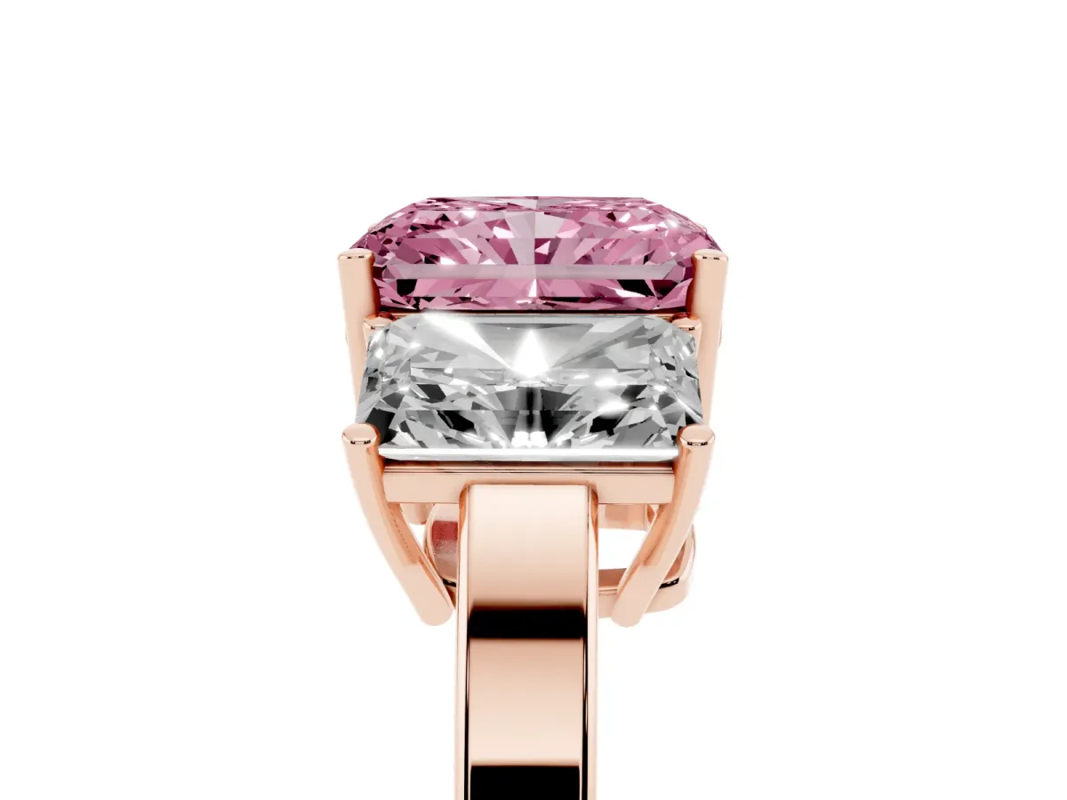 Fancy Pink Three-Stone Radiant Cut Cut Diamond Engagement Ring with Flat Band and Four-Prong Setting Rose gold