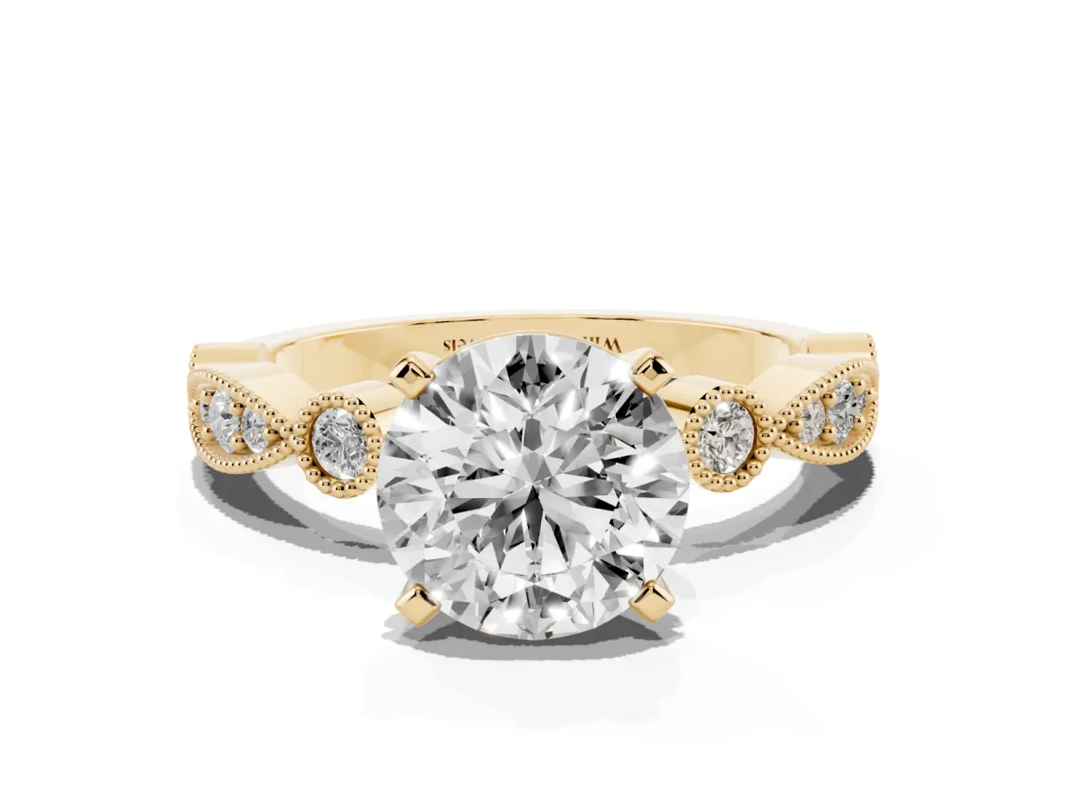 Round Cut Milgrain Bezel Diamond Engagement Ring with Solitaire Prong Setting Yellow gold