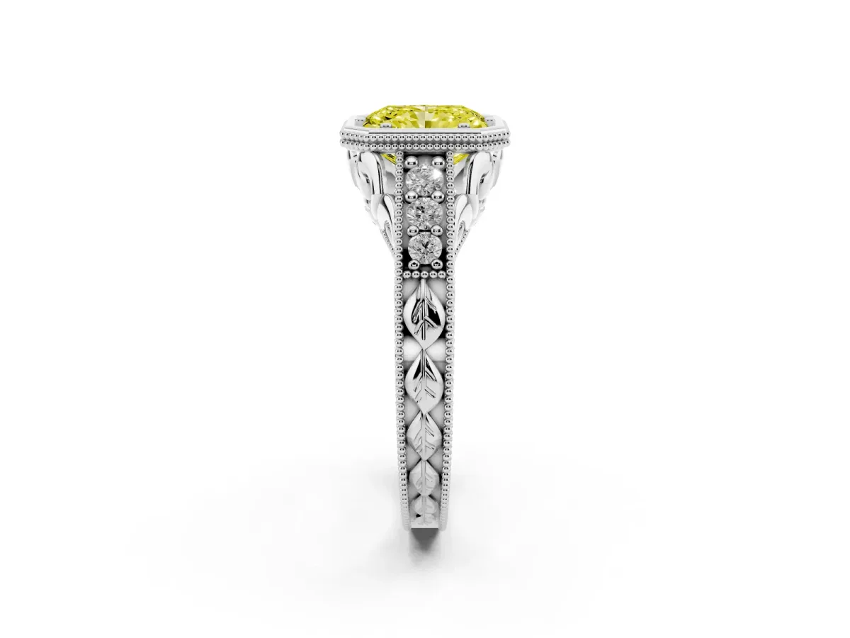 Fancy Yellow Bezel Set Radiant Cut Diamond Milgrain Pave Engagement Ring Silver