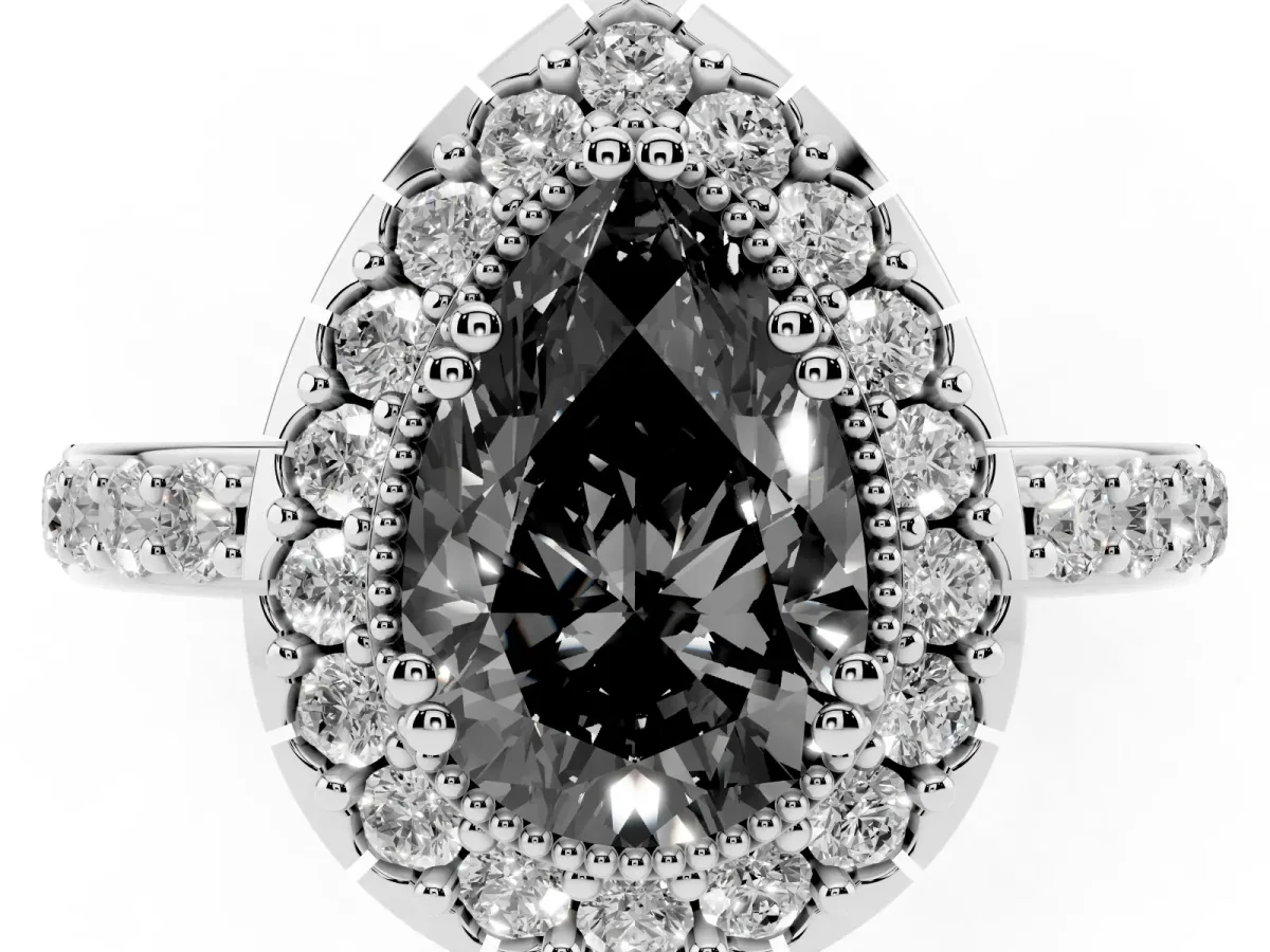 Fancy Black Pear Cut Diamond Halo Ring with Pavé Band and Prong Setting Silver
