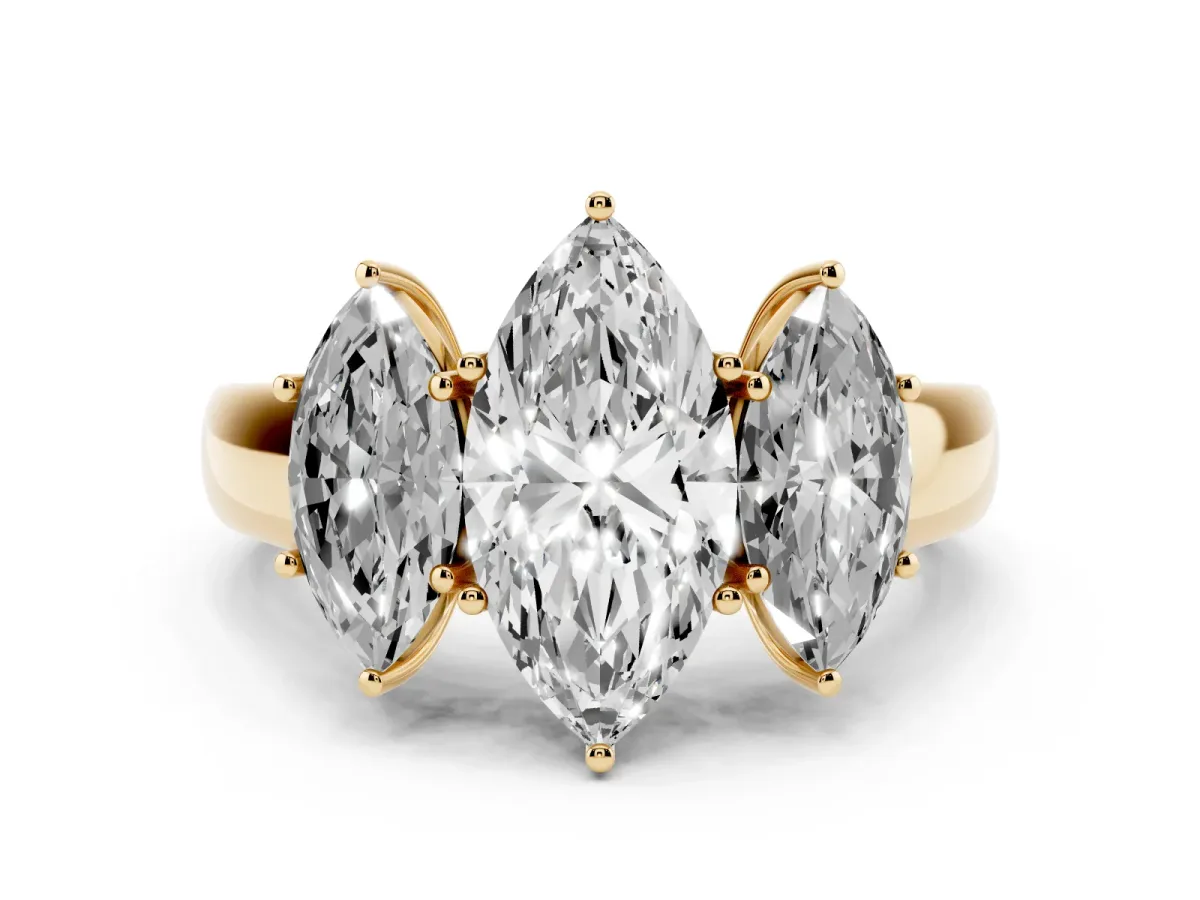 Three-Stone Marquise Cut Cut Diamond Ring with Prong Setting and Classic Band Yellow gold