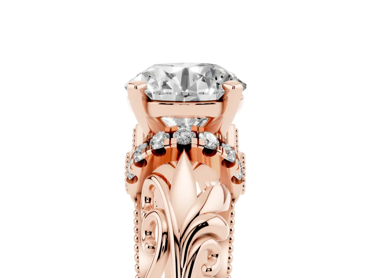 Round Cut Solitaire Filigree Engagement Ring with Halo and Prong Setting Rose gold