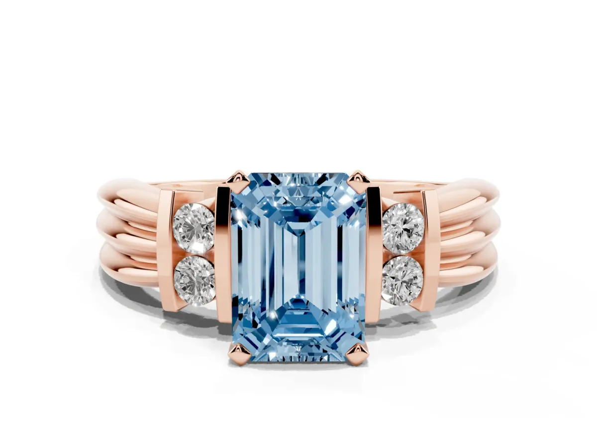 Fancy Blue Emerald Cut Cut Three-Stone Channel Set Ring with Bar Prongs Rose gold