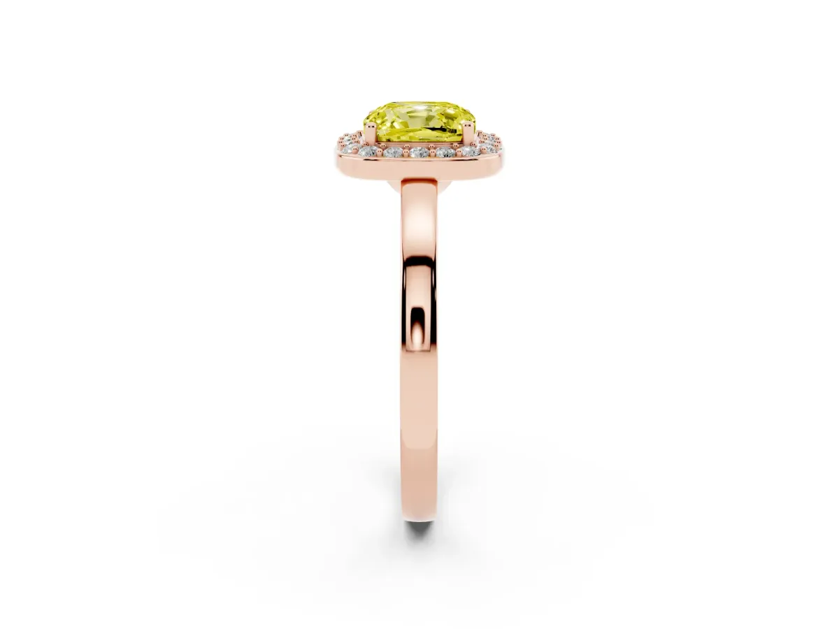 Fancy Yellow Cushion Cut Halo Diamond Ring with Solitaire Band and Prong Setting Rose gold