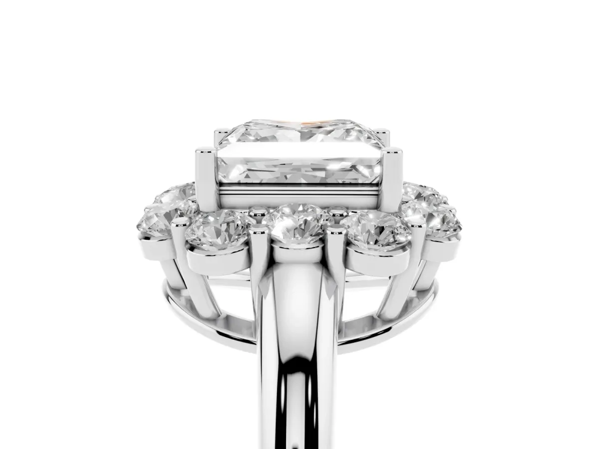 Princess Cut Halo Milgrain Solitaire with Bezel Set Side Stones and Pave Band Platinum