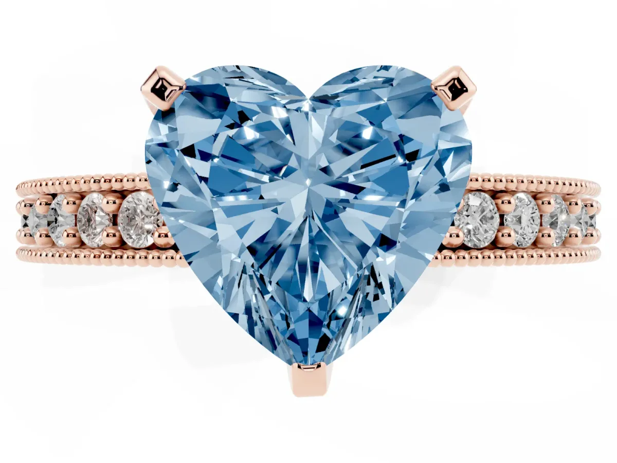 Fancy Blue Heart Cut Diamond Milgrain Pavé Engagement Ring with Four-Prong Setting Rose gold