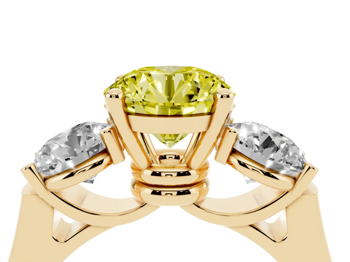 Fancy Yellow Three-Stone Round Cut Brilliant Diamond Trellis Ring with Comfort Fit Band Yellow gold