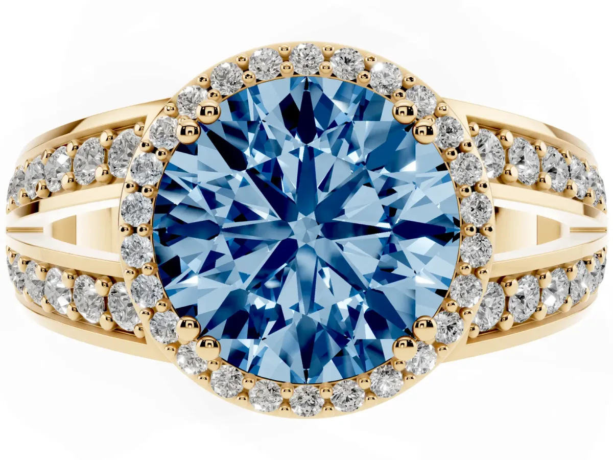 Fancy Blue Round Cut Diamond Halo Ring with Split Shank Pavé Band and Four-Prong Setting Yellow gold