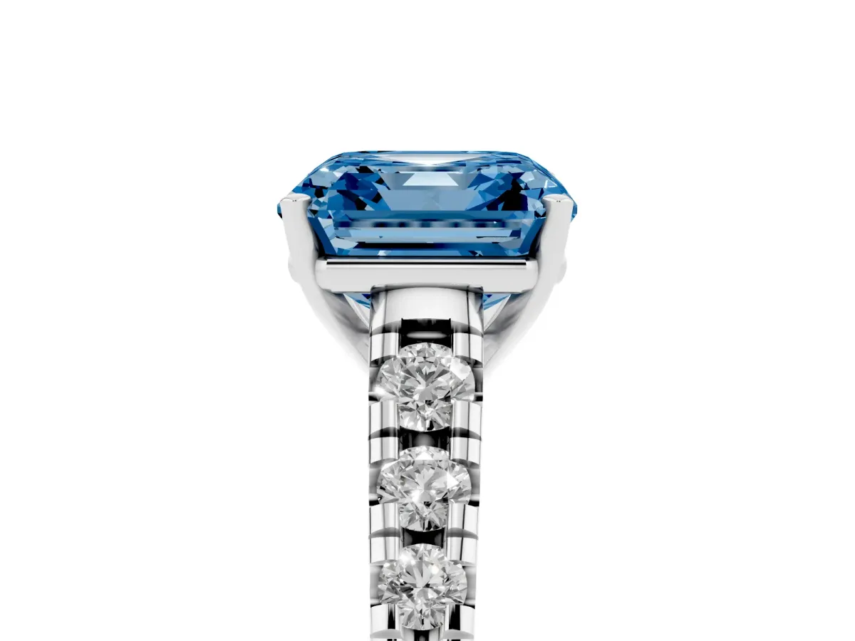 Fancy Blue Asscher Cut Diamond Cathedral Solitaire Ring with Round Pavé Band Silver
