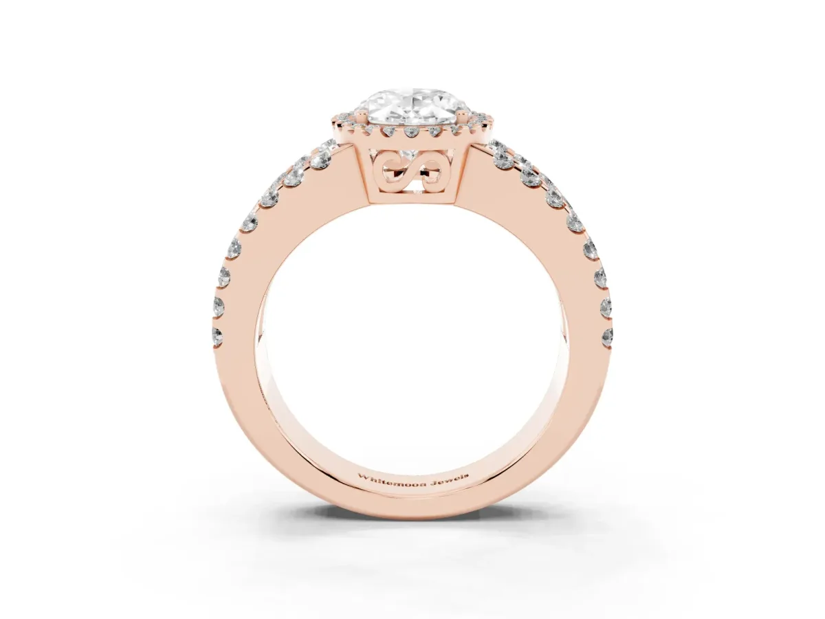 Oval Cut Cut Halo Split Shank Diamond Ring with Four-Prong Setting Rose gold