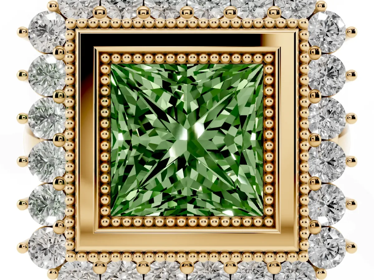 Fancy Green Princess Cut Halo Diamond Ring with Milgrain Edge and Round Prong Setting Yellow gold