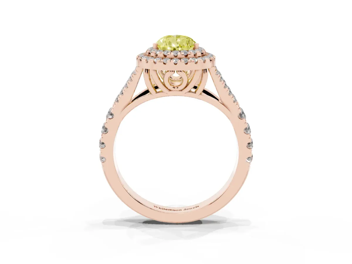 Fancy Yellow Pear Cut Diamond Double Halo Ring with Split Shank and Prong Setting Rose gold