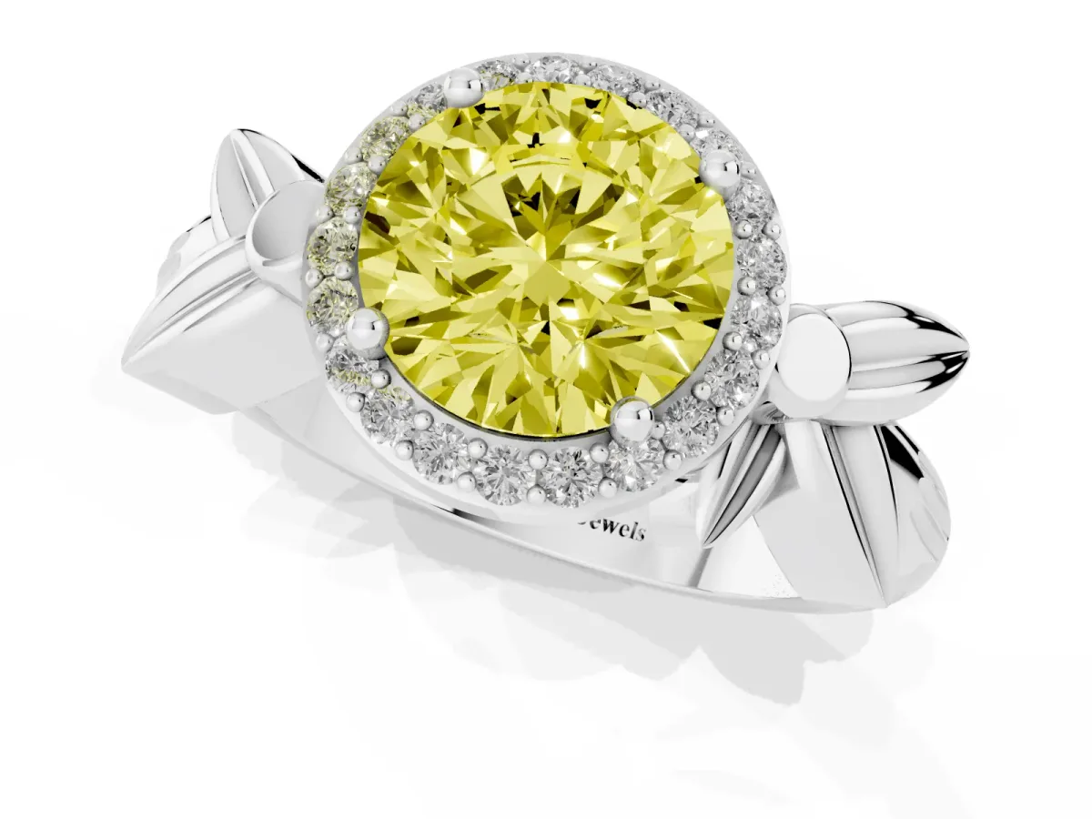 Fancy Yellow Round Cut Halo Diamond Floral Band with Four-Prong Setting White gold