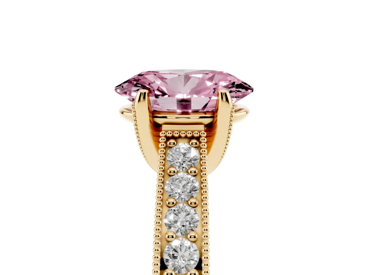 Fancy Pink Oval Cut Cut Diamond Solitaire Ring with Milgrain Pave Band and Four Prong Setting Yellow gold