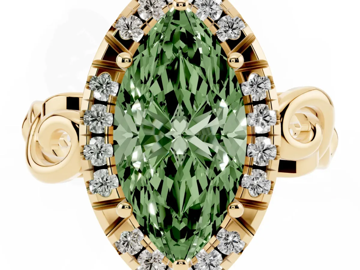 Fancy Green Marquise Cut Cut Halo Diamond Ring with Scrollwork Band and Four-Prong Setting Yellow gold