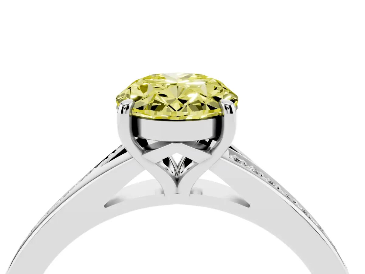 Fancy Yellow Oval Cut Diamond Solitaire Ring with Pavé Band and Prong Setting Silver