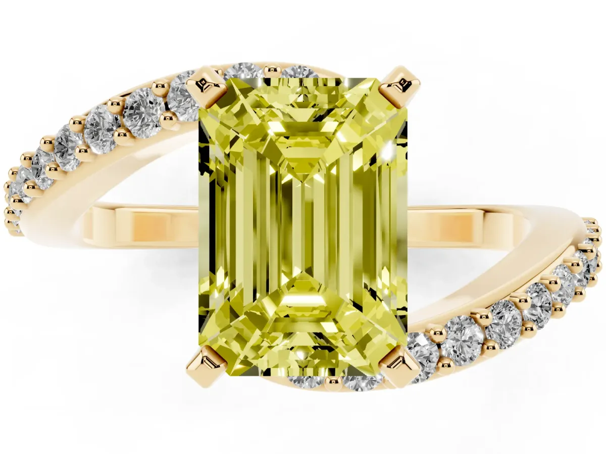 Fancy Yellow Emerald Cut Solitaire Twist Band with Pave Set Diamonds and Four-Prong Setting Yellow gold
