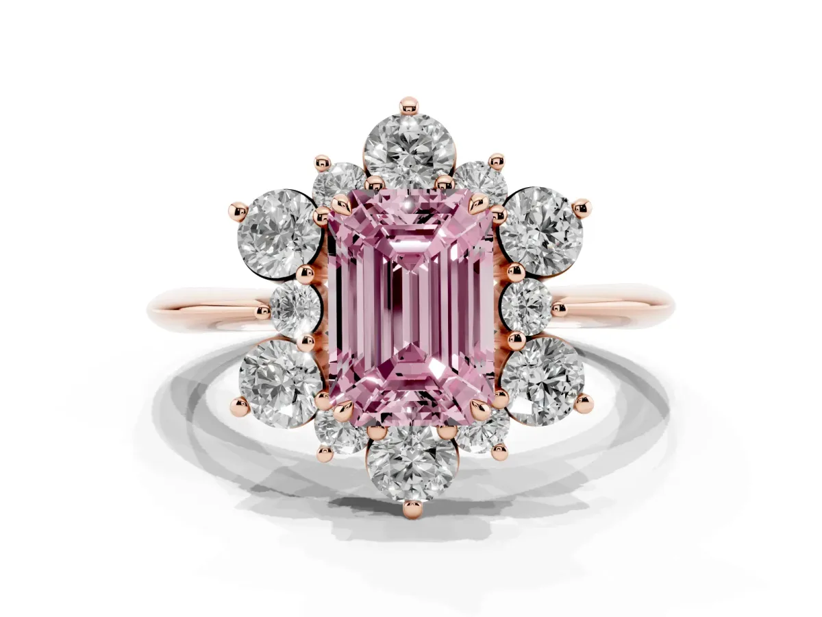 Fancy Pink Emerald Cut Diamond Cluster Halo Ring with Solitaire Band and Four-Prong Setting Rose gold