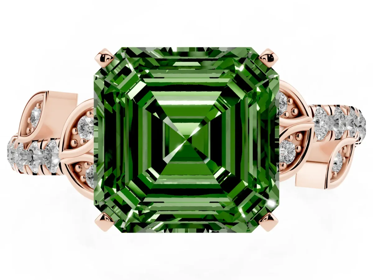 Fancy Green Asscher Cut Solitaire Leaf-Inspired Diamond Ring with Pavé Band and Four-Prong Setting Rose gold