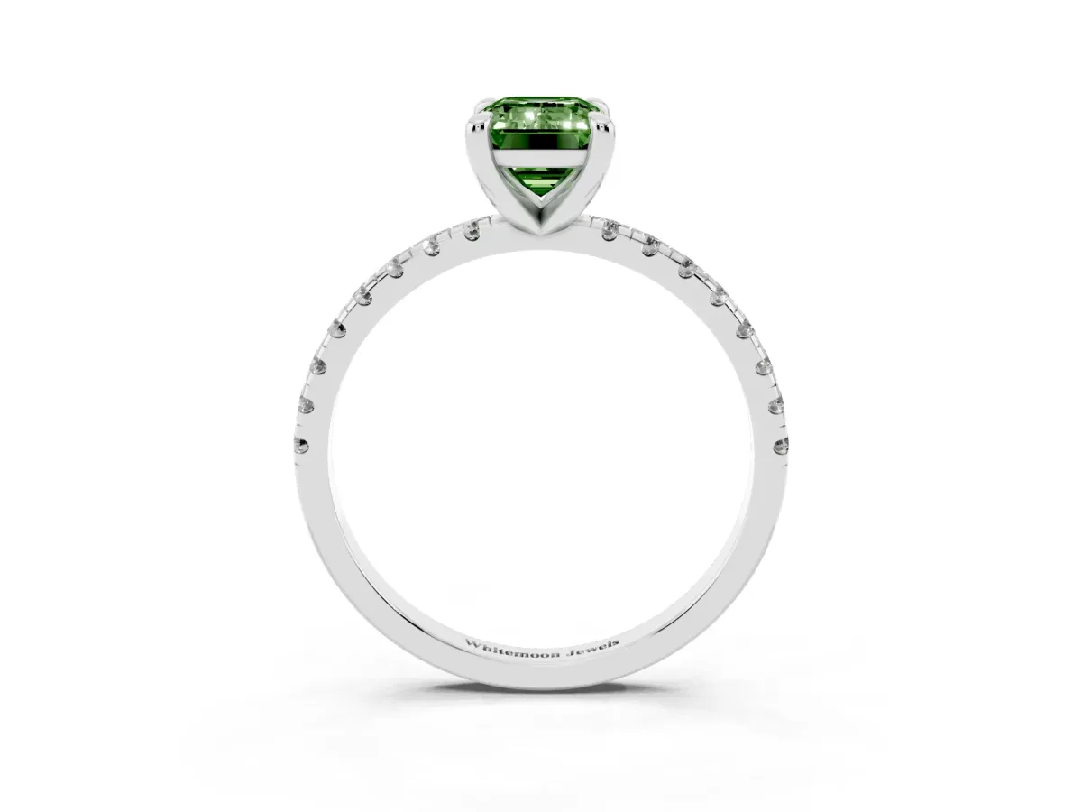Fancy Green Emerald Cut Diamond Brilliant Solitaire Ring with Pavé Band and Four-Prong Setting Silver