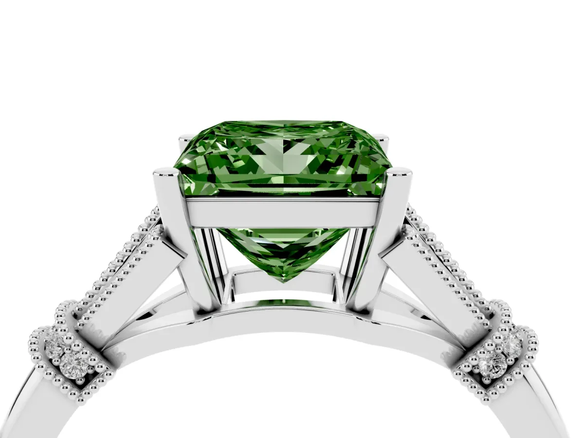 Fancy Green Princess Cut Diamond Solitaire Ring with Floral Filigree and Pave Accents White gold