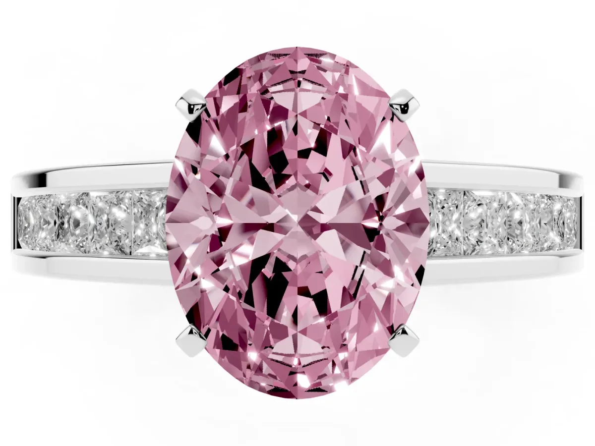 Fancy Pink Oval Cut Solitaire Diamond Ring with Channel-Set Band and Four-Prong Setting Silver