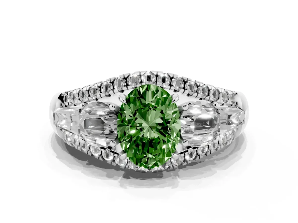 Fancy Green Three-Stone Oval Cut Diamond Engagement Ring with Pave Band and Prong Setting Silver