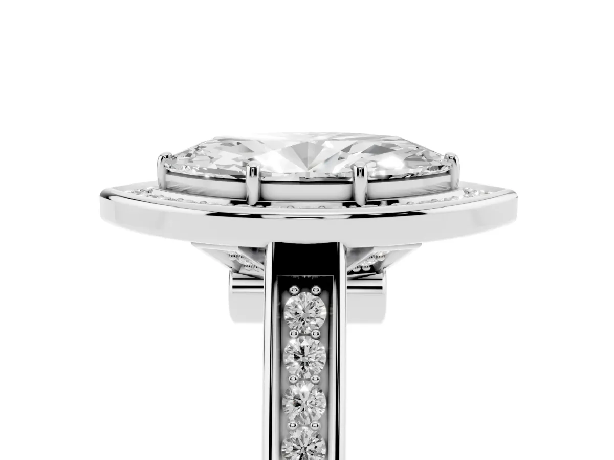 Marquise Cut Halo Solitaire Diamond Ring with Pave Band and Bezel Setting Silver