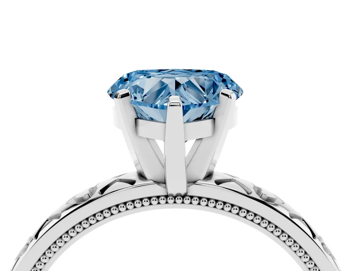 Fancy Blue Heart Cut Solitaire Diamond Engagement Ring with XO Engraved Band and Four-Prong Setting Silver
