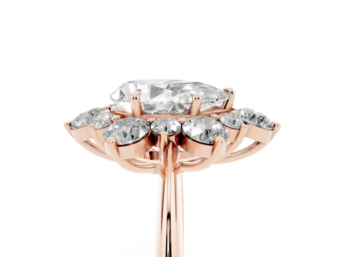 Pear Cut Diamond Cluster Halo Ring with Solitaire Band and Four-Prong Setting Rose gold