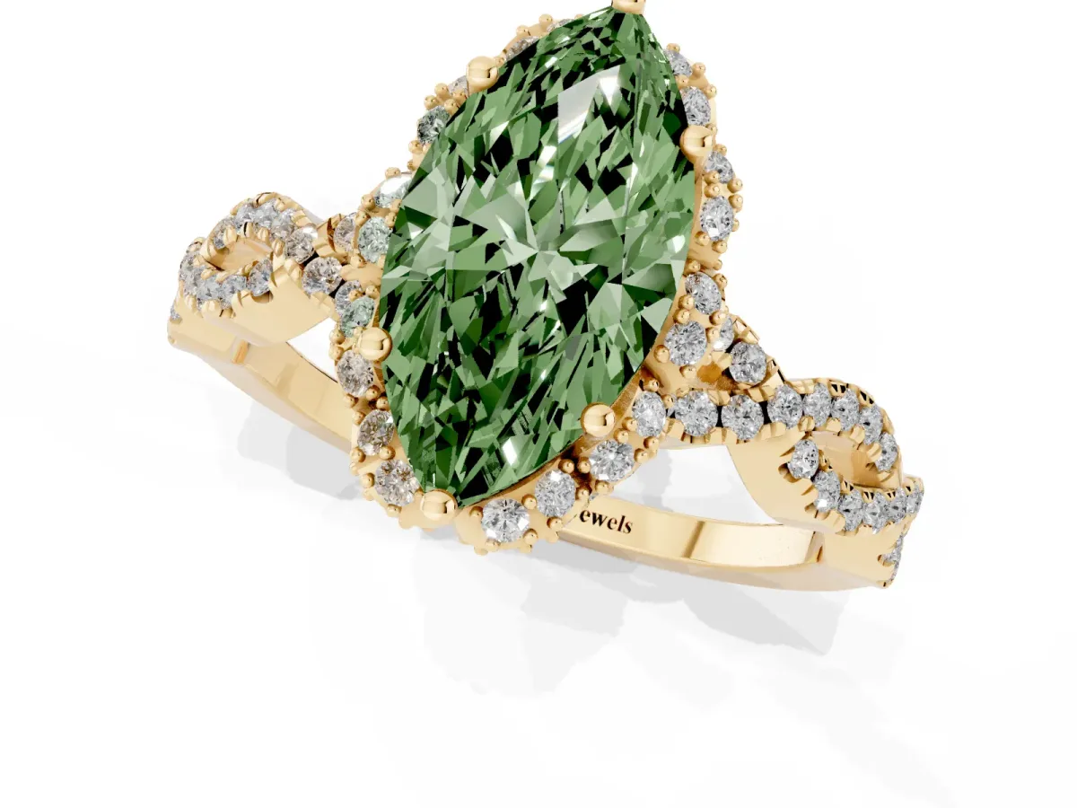 Fancy Green Marquise Cut Halo Twist Band Solitaire Ring with Six-Prong Setting Yellow gold