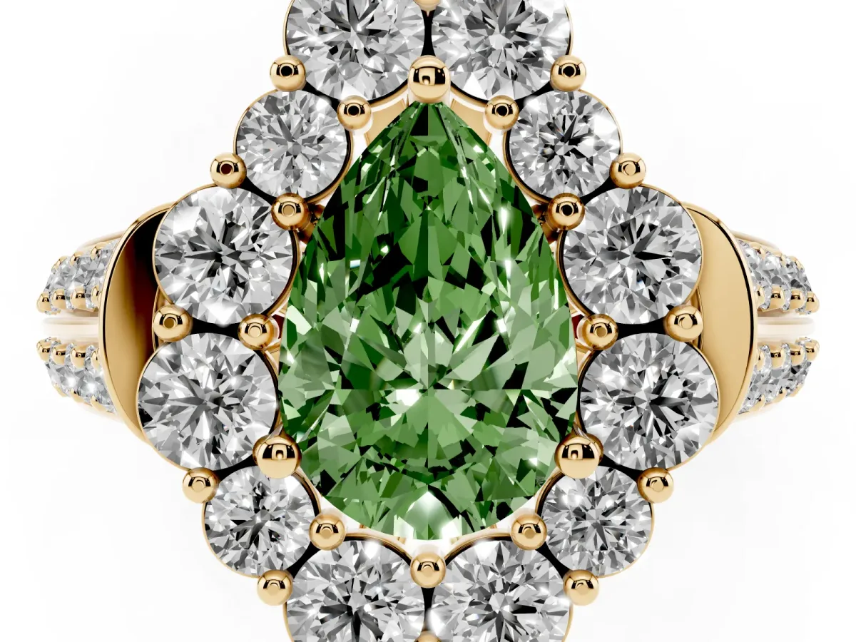Fancy Green Pear Cut Halo Diamond Engagement Ring with Split Shank and Prong Setting Yellow gold