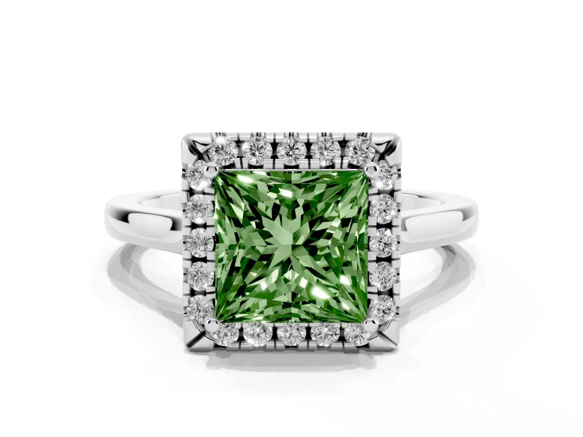 Fancy Green Princess Cut Halo Round Diamond Solitaire Ring with Pavé Band and Four-Prong Setting Platinum