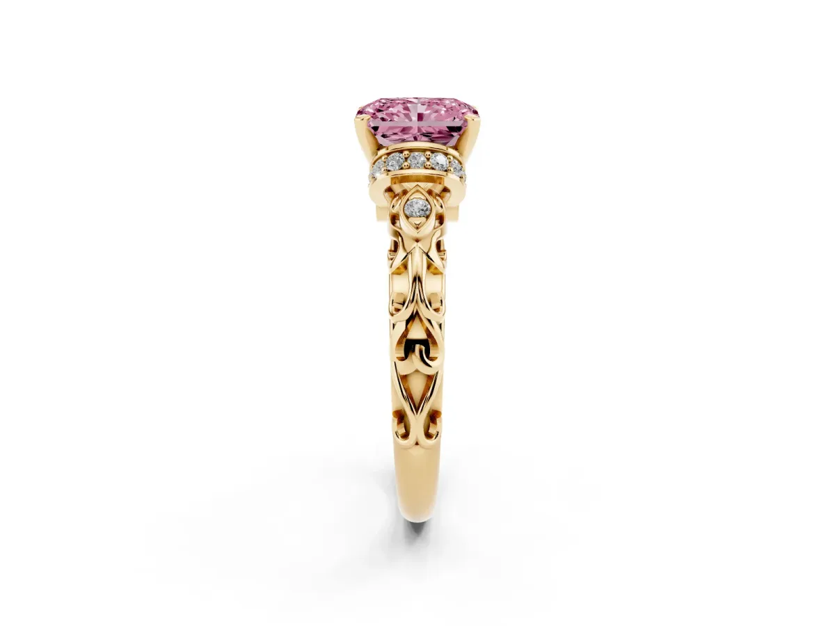 Fancy Pink Radiant Cut Diamond Solitaire Ring with Filigree Band and Four-Prong Setting Yellow gold